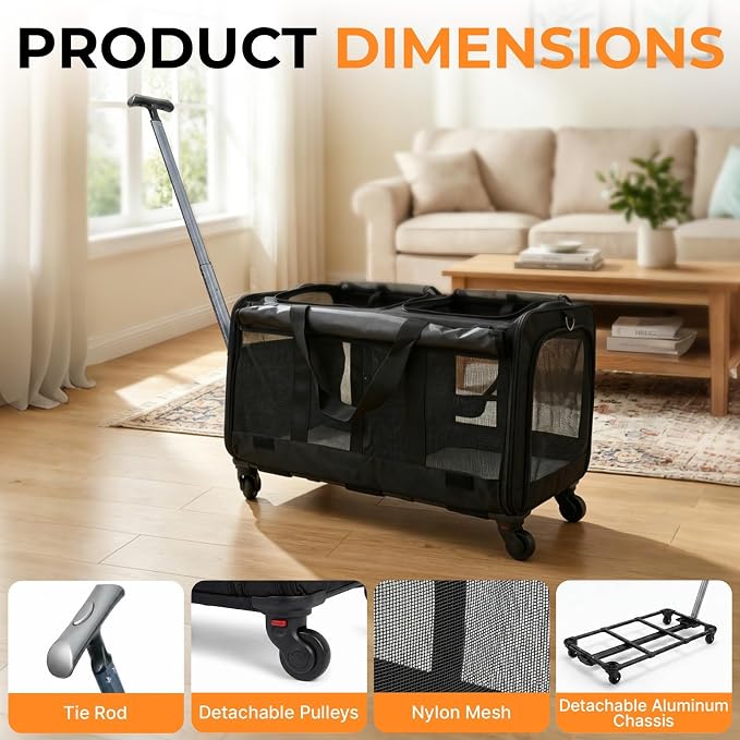 Double Cat Carrier with Wheels, Large Compartment Pet Carrier
