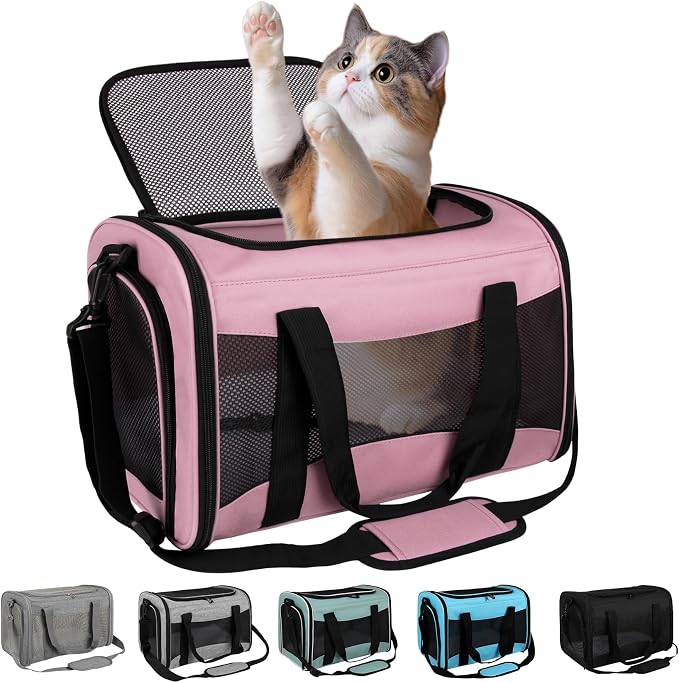Cat Carrying Case Pet Dog Carrier Soft-Sided Cat Bag Airline Approved, Pet Travel Carrier Up to 15 Lbs, Collapsible Cat Carrier Dog Carrier for Medium Cats Small Cats Dogs (Pink, 17 * 11 * 11)