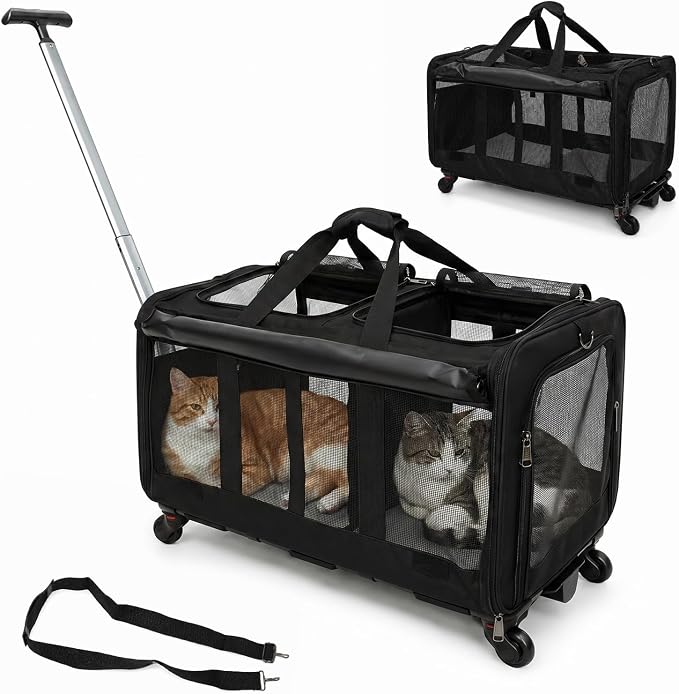 Double Cat Carrier with Wheels, Large Compartment Pet Carrier