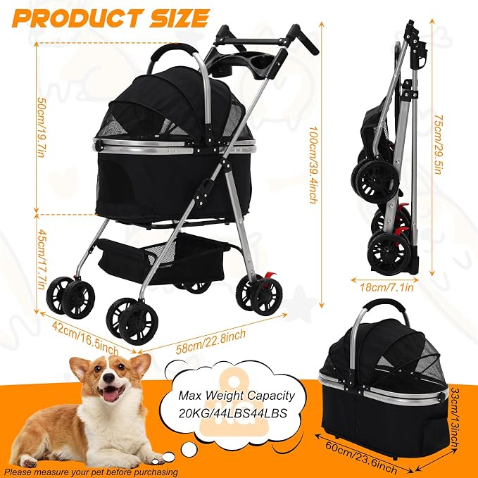3-in-1 Foldable Pet Stroller with Detachable Carrier,Cup Holder&Storage Bag