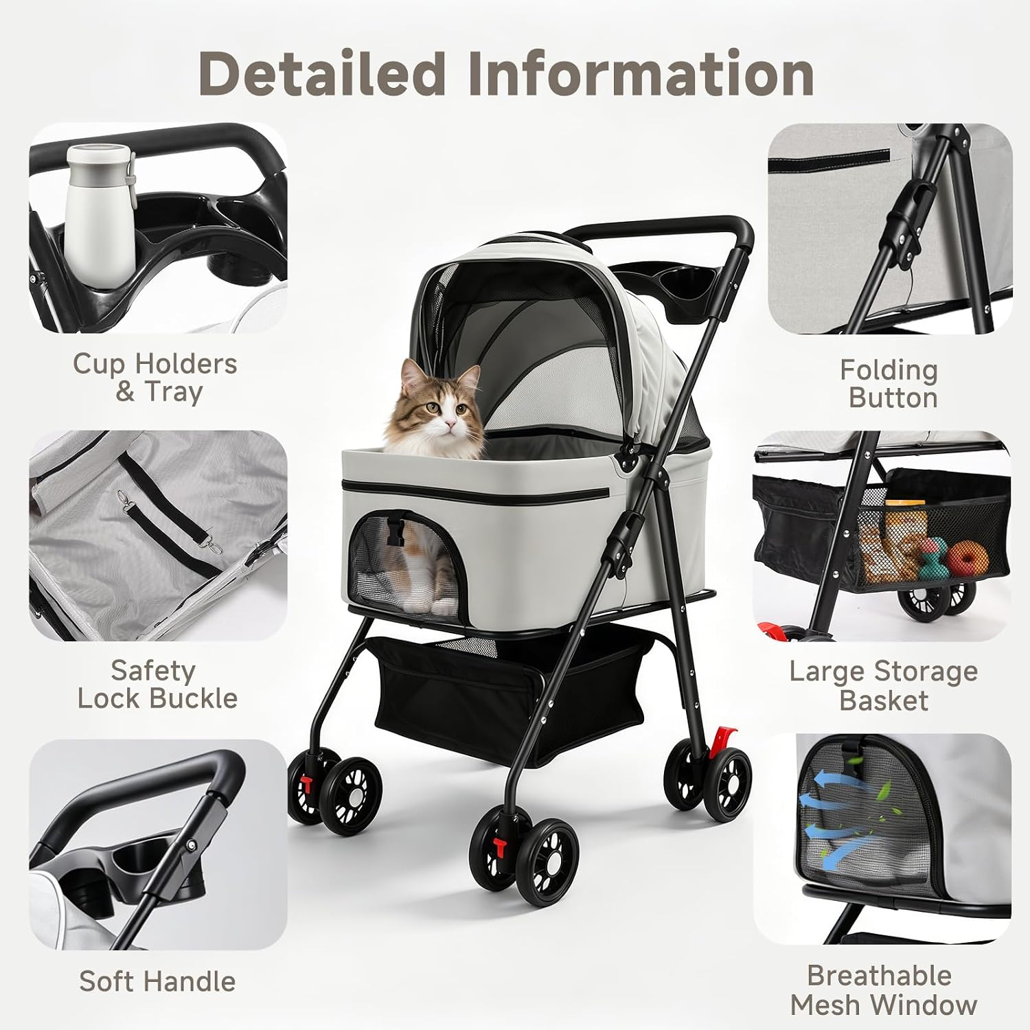 Pet Stroller for Small Dogs and Cats with 4 Wheels, 3 in 1 Foldable Dog Stroller with Detachable Carrier, Breathable Mesh, Storage Basket & Cup Holder, Up to 15 kg (Black)