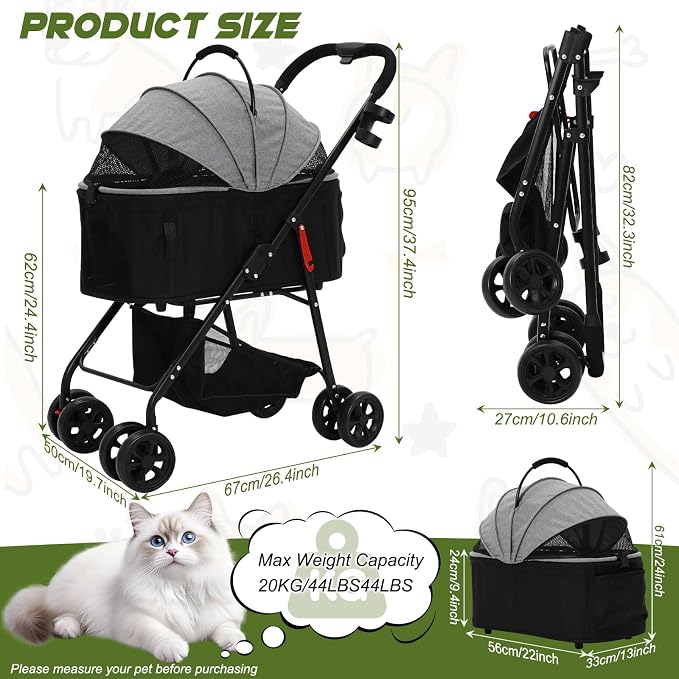 Foldable Pet Strollers with Detachable Carrier,Stroller for Medium Dogs