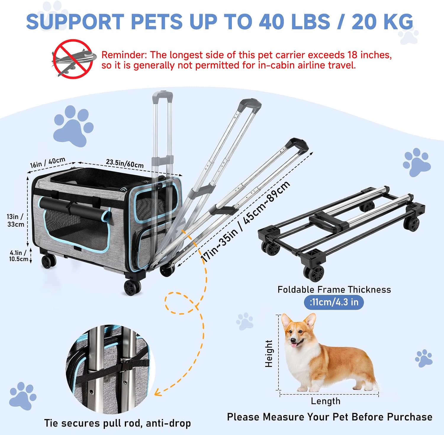 Large Pet Carrier with Detachable Wheels, 2 IN1 Foldable Soft-Sided Carriers- Designed for Dogs & Cats, Telescopic Handle, for Outdoor Car Indoor, Max. 44 LBS(Not for Airline)