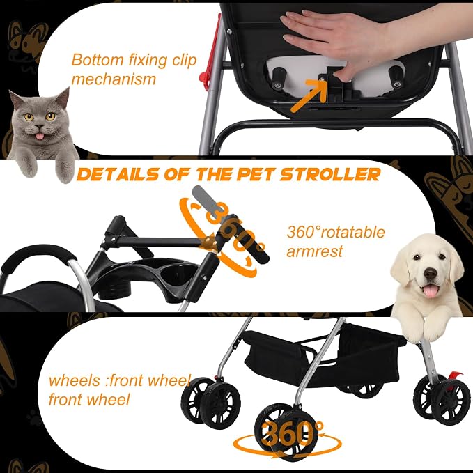 3-in-1 Foldable Pet Stroller with Detachable Carrier,Cup Holder&Storage Bag