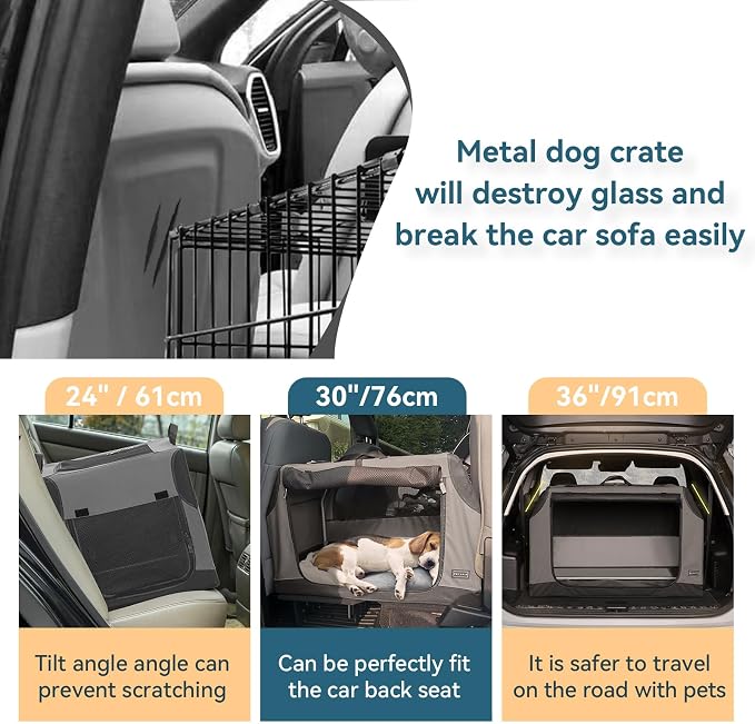 Petsfit Travel Dog Crate，Puppy crate， Easy On The Go, Easy to Stow, Adjustable Compatibility, Indoor and Outdoor Lightweight Collapsible Dog Crate for Car 61 cm L x 46 cm W x 43 cm H Grey