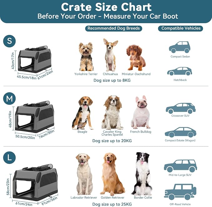 Petsfit Travel Dog Crate，Puppy crate， Easy On The Go, Easy to Stow, Adjustable Compatibility, Indoor and Outdoor Lightweight Collapsible Dog Crate for Car 61 cm L x 46 cm W x 43 cm H Grey