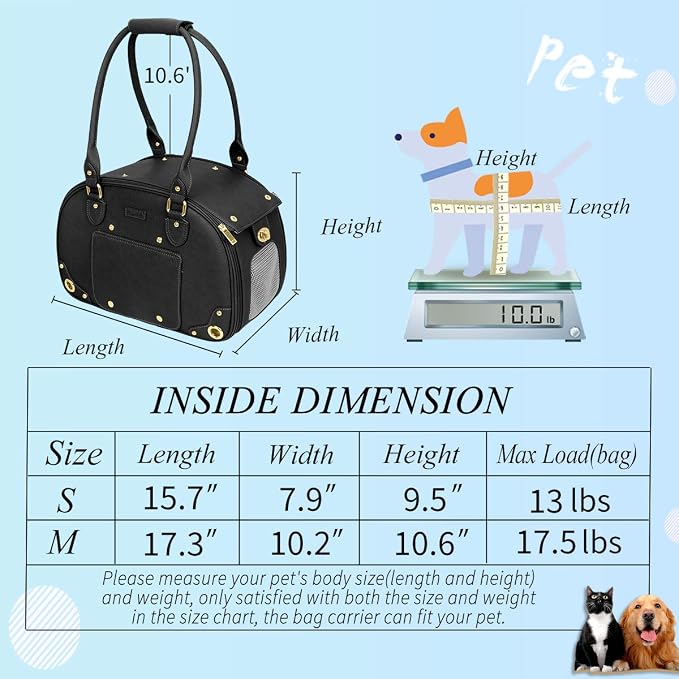 Dog Carrier, Pet Carrier, Dog Purse, Foldable Waterproof Premium PU Leather Pet Travel Portable Bag Carrier for Cat and Small Dog Home & Outdoor Small Black