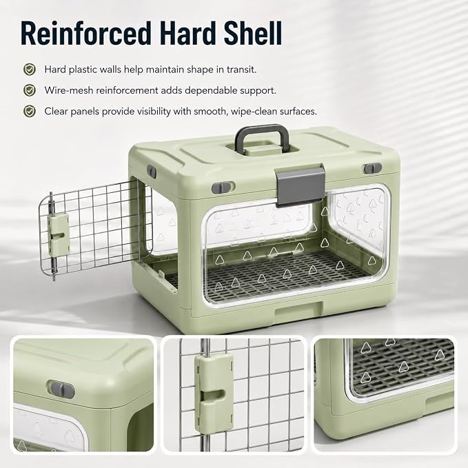 Foldable Hard Cat Carrier, Raised Mesh Floor, Double-Locking Doors