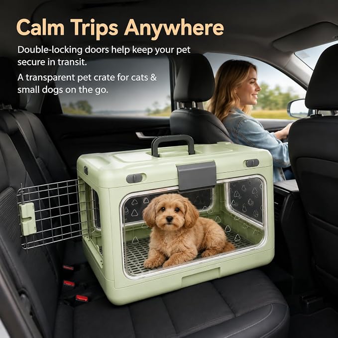Foldable Hard Cat Carrier, Raised Mesh Floor, Double-Locking Doors