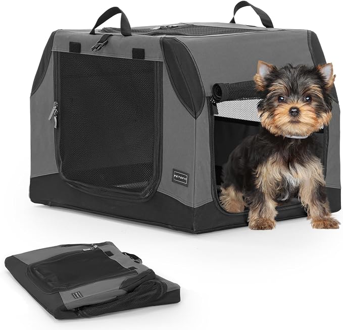 Petsfit Travel Dog Crate，Puppy crate， Easy On The Go, Easy to Stow, Adjustable Compatibility, Indoor and Outdoor Lightweight Collapsible Dog Crate for Car 61 cm L x 46 cm W x 43 cm H Grey