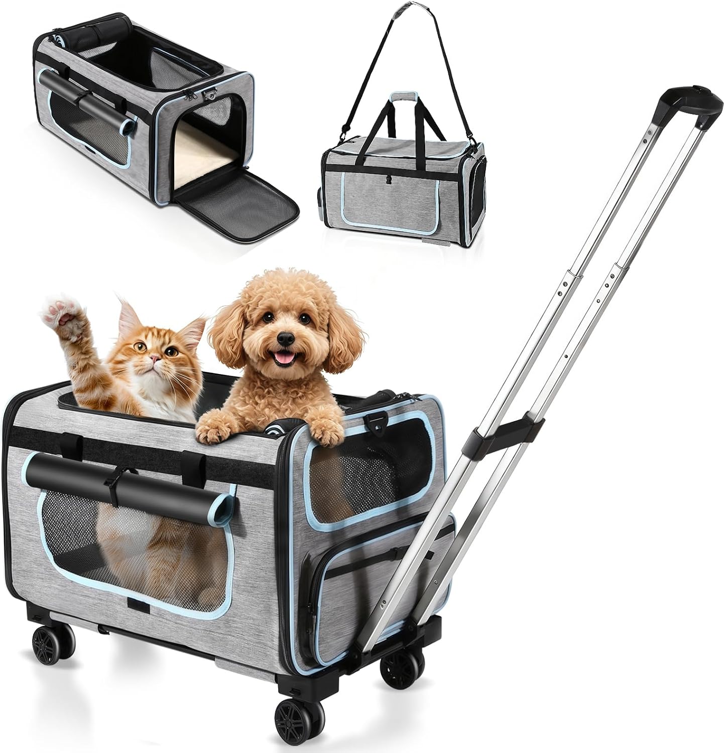 Large Pet Carrier with Detachable Wheels, 2 IN1 Foldable Soft-Sided Carriers- Designed for Dogs & Cats, Telescopic Handle, for Outdoor Car Indoor, Max. 44 LBS(Not for Airline)