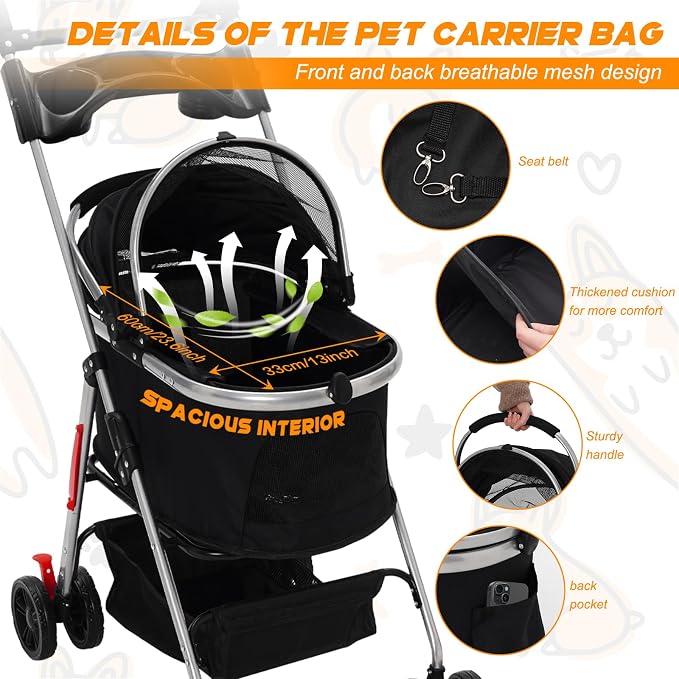 3-in-1 Foldable Pet Stroller with Detachable Carrier,Cup Holder&Storage Bag