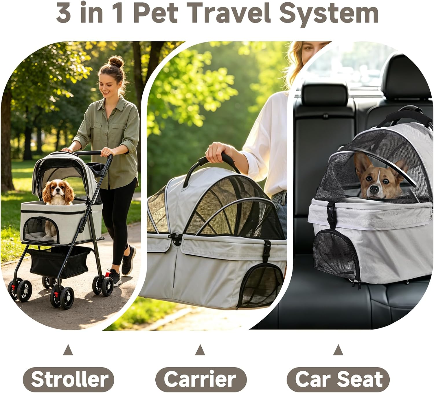 Pet Stroller for Small Dogs and Cats with 4 Wheels, 3 in 1 Foldable Dog Stroller with Detachable Carrier, Breathable Mesh, Storage Basket & Cup Holder, Up to 15 kg (Black)