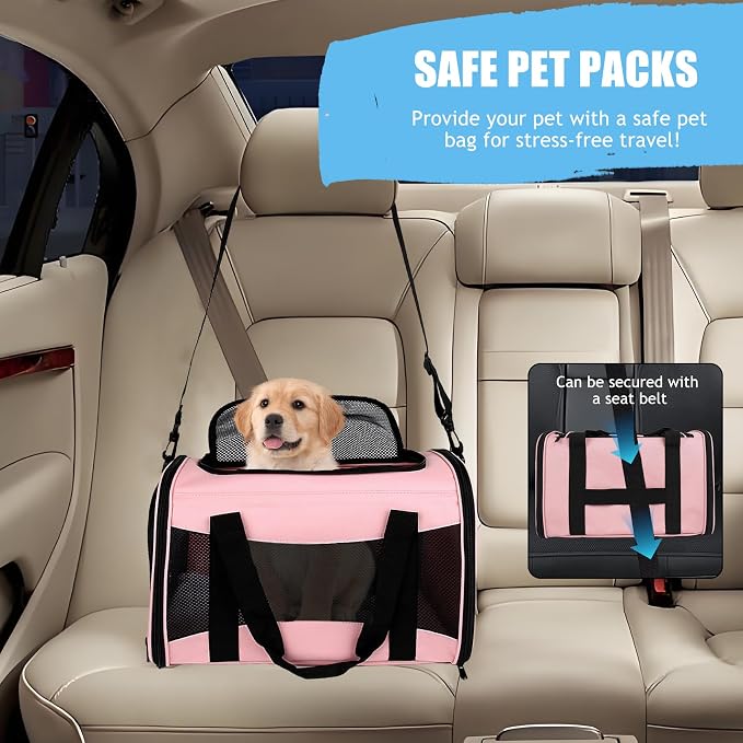 Cat Carrying Case Pet Dog Carrier Soft-Sided Cat Bag Airline Approved, Pet Travel Carrier Up to 15 Lbs, Collapsible Cat Carrier Dog Carrier for Medium Cats Small Cats Dogs (Pink, 17 * 11 * 11)