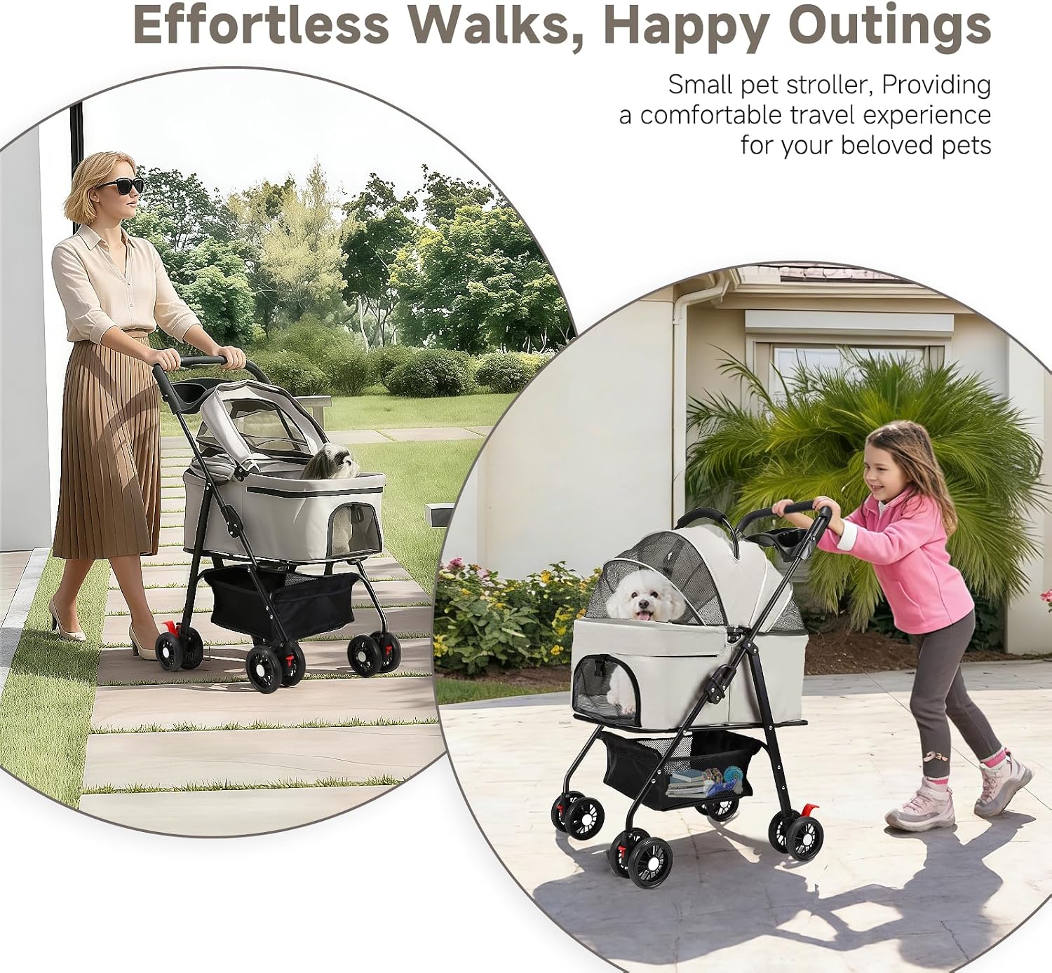 Pet Stroller for Small Dogs and Cats with 4 Wheels, 3 in 1 Foldable Dog Stroller with Detachable Carrier, Breathable Mesh, Storage Basket & Cup Holder, Up to 15 kg (Black)