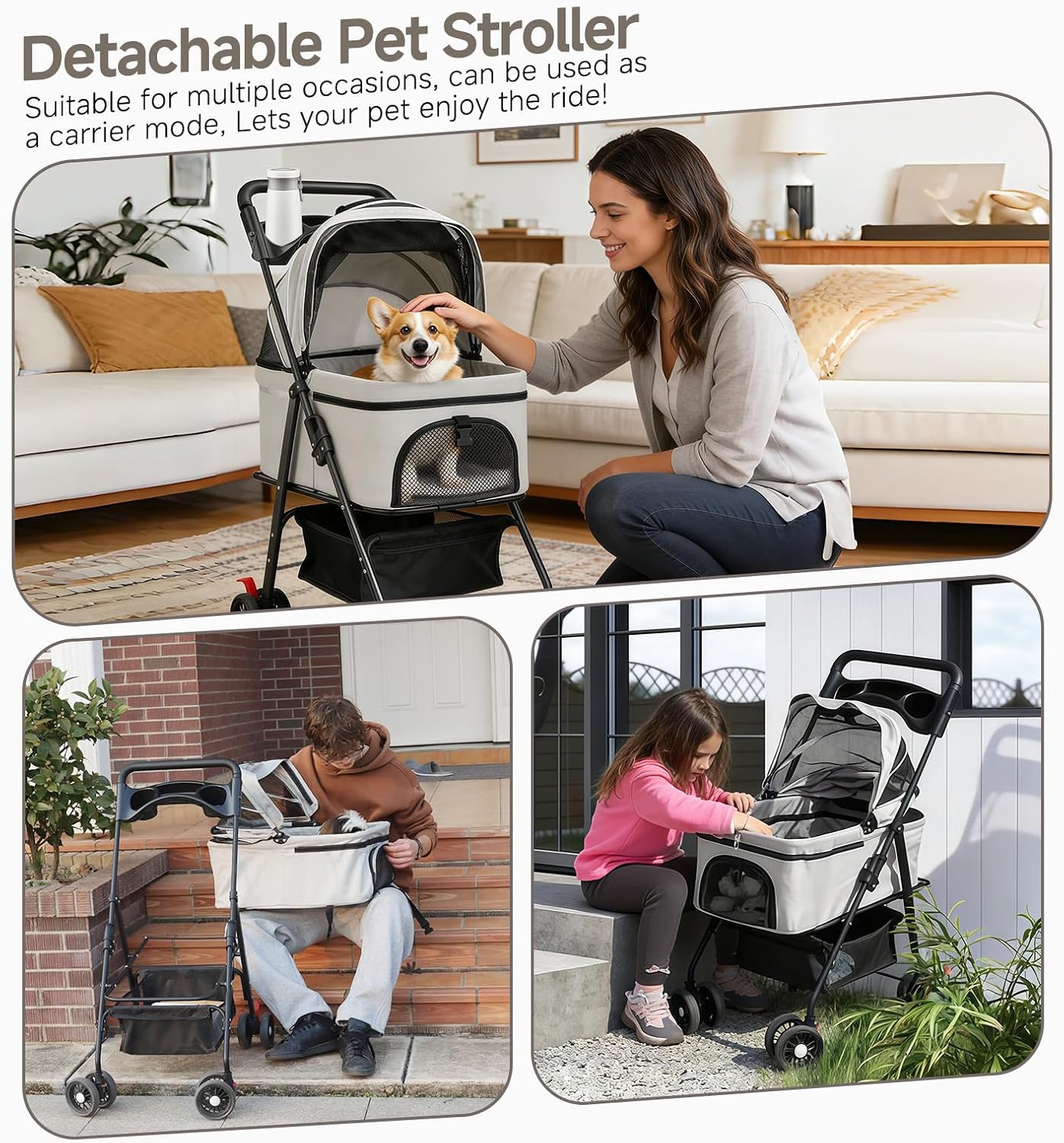 Pet Stroller for Small Dogs and Cats with 4 Wheels, 3 in 1 Foldable Dog Stroller with Detachable Carrier, Breathable Mesh, Storage Basket & Cup Holder, Up to 15 kg (Black)