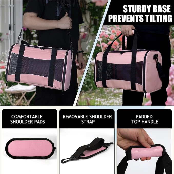 Cat Carrying Case Pet Dog Carrier Soft-Sided Cat Bag Airline Approved, Pet Travel Carrier Up to 15 Lbs, Collapsible Cat Carrier Dog Carrier for Medium Cats Small Cats Dogs (Pink, 17 * 11 * 11)