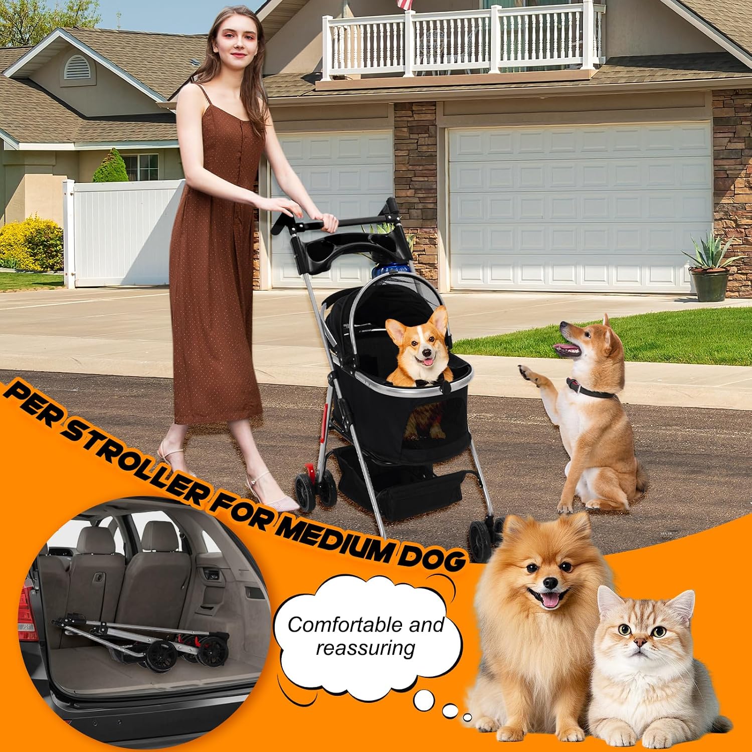 3-in-1 Foldable Pet Stroller with Detachable Carrier,Cup Holder&Storage Bag
