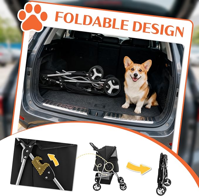 Pet Travel Stroller Dog Cat Pushchair Pram Jogger Buggy with 4 Wheels (Black)