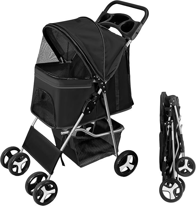 Pet Travel Stroller Dog Cat Pushchair Pram Jogger Buggy with 4 Wheels (Black)