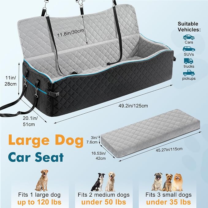 Large Dog Car Seat for Large Dogs Up to 120 lb, Thick Cushion, Black+Grey