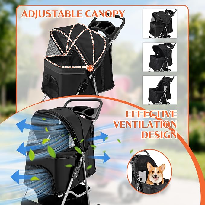 Pet Travel Stroller Dog Cat Pushchair Pram Jogger Buggy with 4 Wheels (Black)