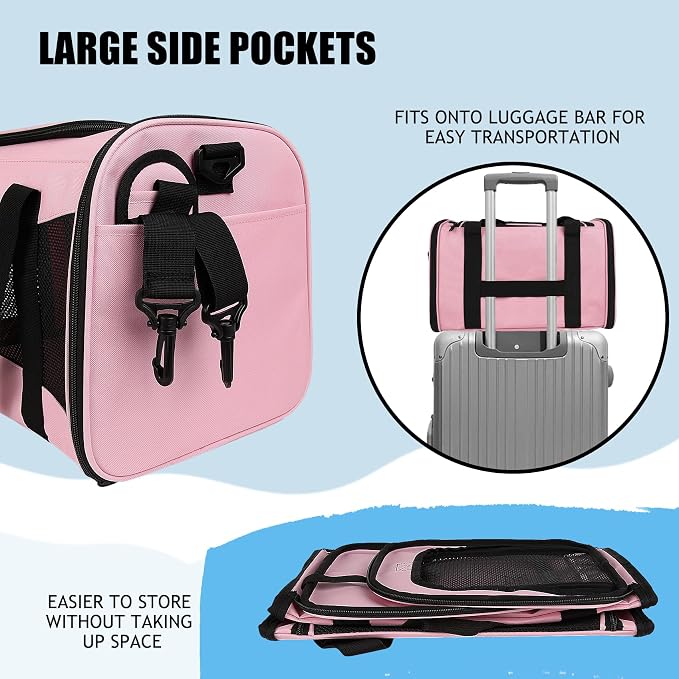Cat Carrying Case Pet Dog Carrier Soft-Sided Cat Bag Airline Approved, Pet Travel Carrier Up to 15 Lbs, Collapsible Cat Carrier Dog Carrier for Medium Cats Small Cats Dogs (Pink, 17 * 11 * 11)