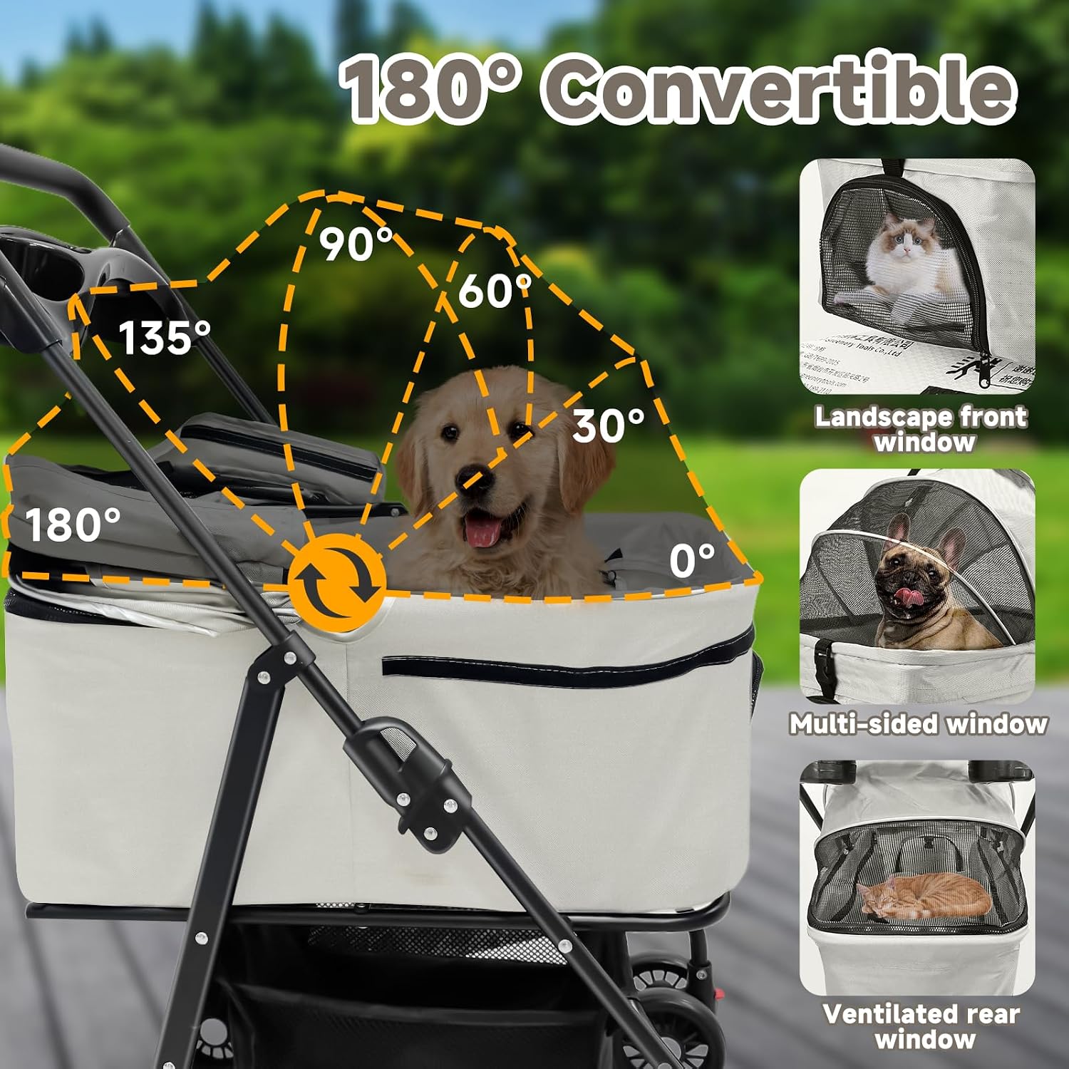 Pet Stroller for Small Dogs and Cats with 4 Wheels, 3 in 1 Foldable Dog Stroller with Detachable Carrier, Breathable Mesh, Storage Basket & Cup Holder, Up to 15 kg (Black)