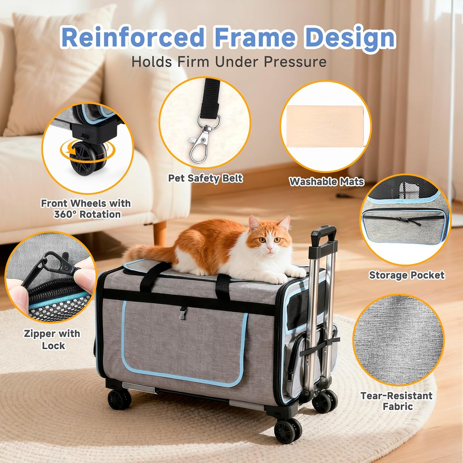 Large Pet Carrier with Detachable Wheels, 2 IN1 Foldable Soft-Sided Carriers- Designed for Dogs & Cats, Telescopic Handle, for Outdoor Car Indoor, Max. 44 LBS(Not for Airline)