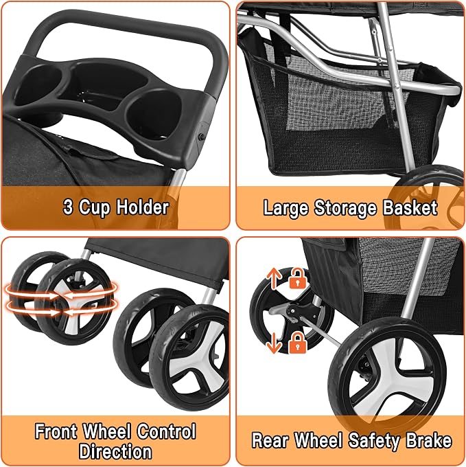 Pet Travel Stroller Dog Cat Pushchair Pram Jogger Buggy with 4 Wheels (Black)