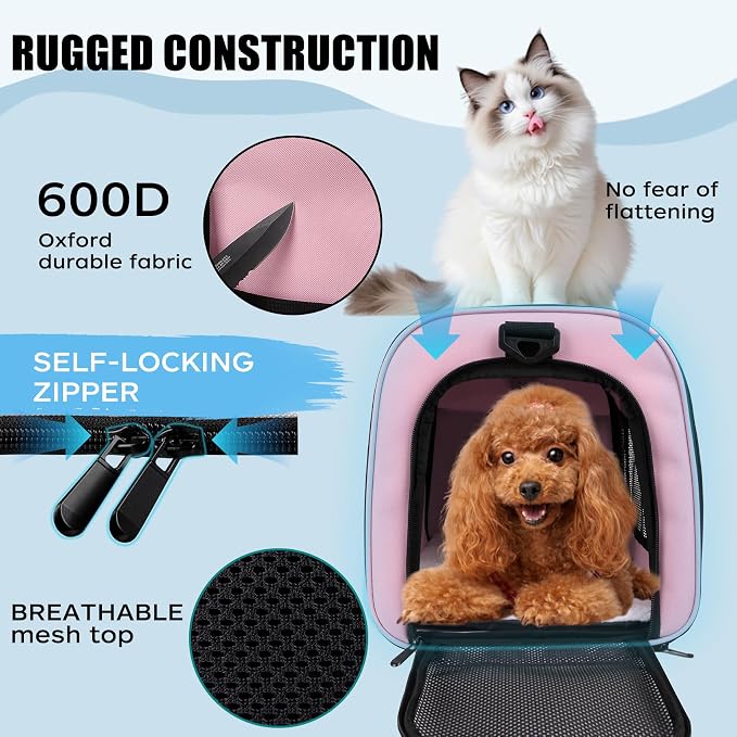 Cat Carrying Case Pet Dog Carrier Soft-Sided Cat Bag Airline Approved, Pet Travel Carrier Up to 15 Lbs, Collapsible Cat Carrier Dog Carrier for Medium Cats Small Cats Dogs (Pink, 17 * 11 * 11)