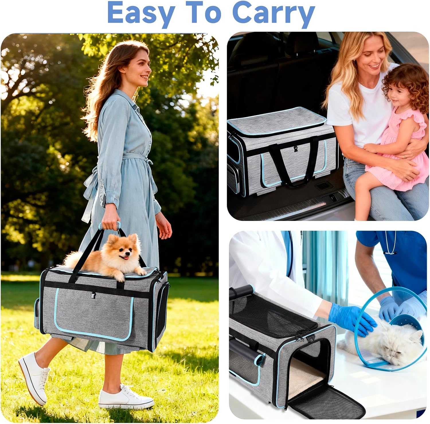 Large Pet Carrier with Detachable Wheels, 2 IN1 Foldable Soft-Sided Carriers- Designed for Dogs & Cats, Telescopic Handle, for Outdoor Car Indoor, Max. 44 LBS(Not for Airline)