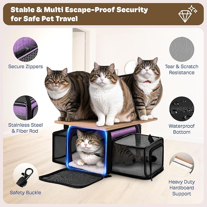 Top and 2 Sides Expandable Cat Carrier 17x11x11, TSA Airline Approved Dog Carriers for Medium Dogs, Soft-Sided Pet Carrier with Self-Locking Zippers for Kitten,Rabbit, Puppy, Guinea Pig Purple