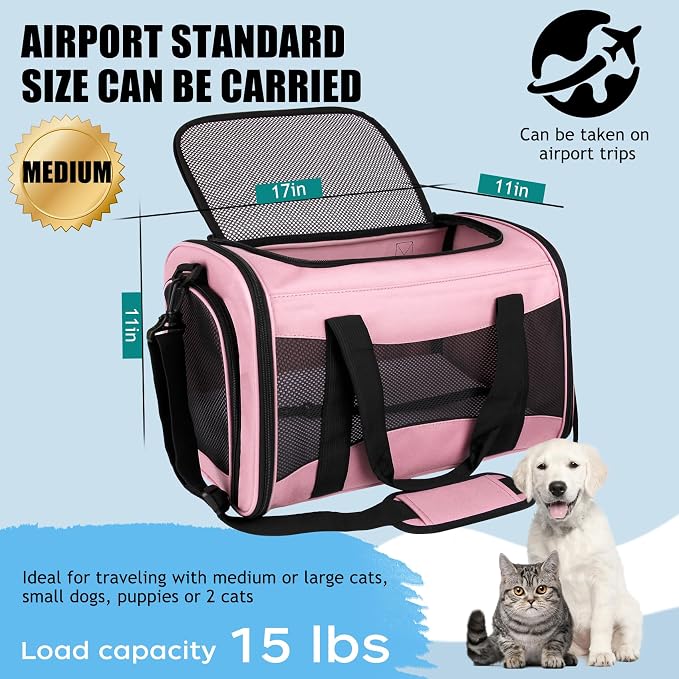 Cat Carrying Case Pet Dog Carrier Soft-Sided Cat Bag Airline Approved, Pet Travel Carrier Up to 15 Lbs, Collapsible Cat Carrier Dog Carrier for Medium Cats Small Cats Dogs (Pink, 17 * 11 * 11)