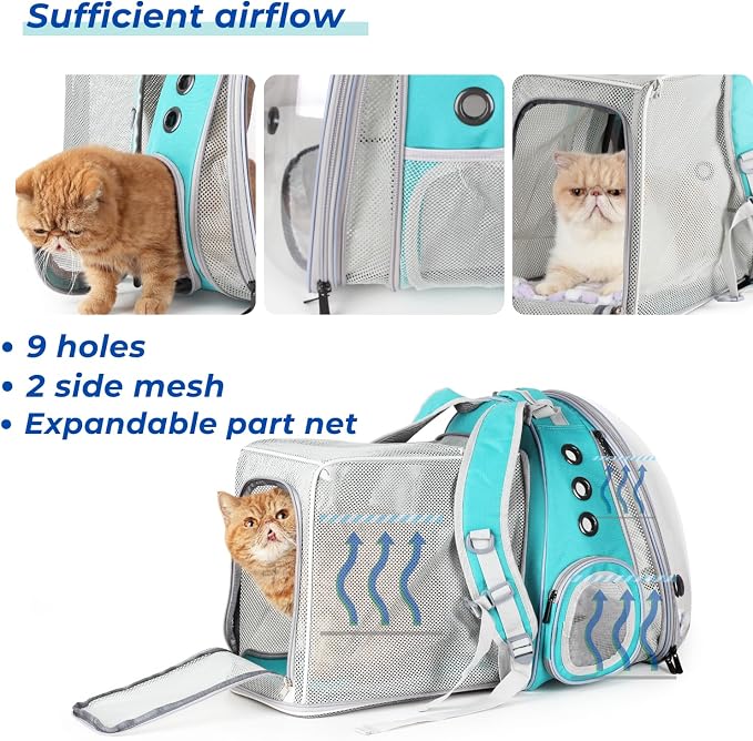 Pet Carrier Backpack, Bubble Backpack Carrier, Cats and Puppies,Airline-Approved, Designed for Travel, Hiking, Walking & Outdoor Use (Dual Expandable-Green)