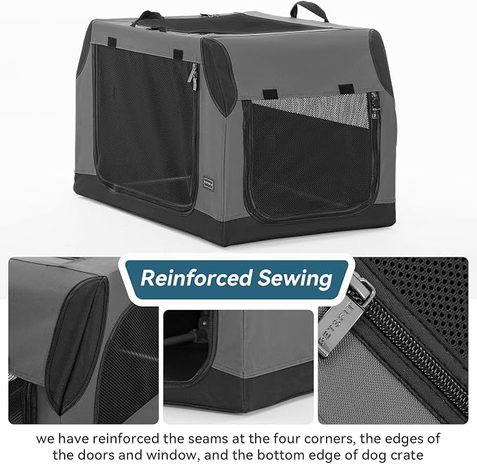 Petsfit Travel Dog Crate，Puppy crate， Easy On The Go, Easy to Stow, Adjustable Compatibility, Indoor and Outdoor Lightweight Collapsible Dog Crate for Car 61 cm L x 46 cm W x 43 cm H Grey