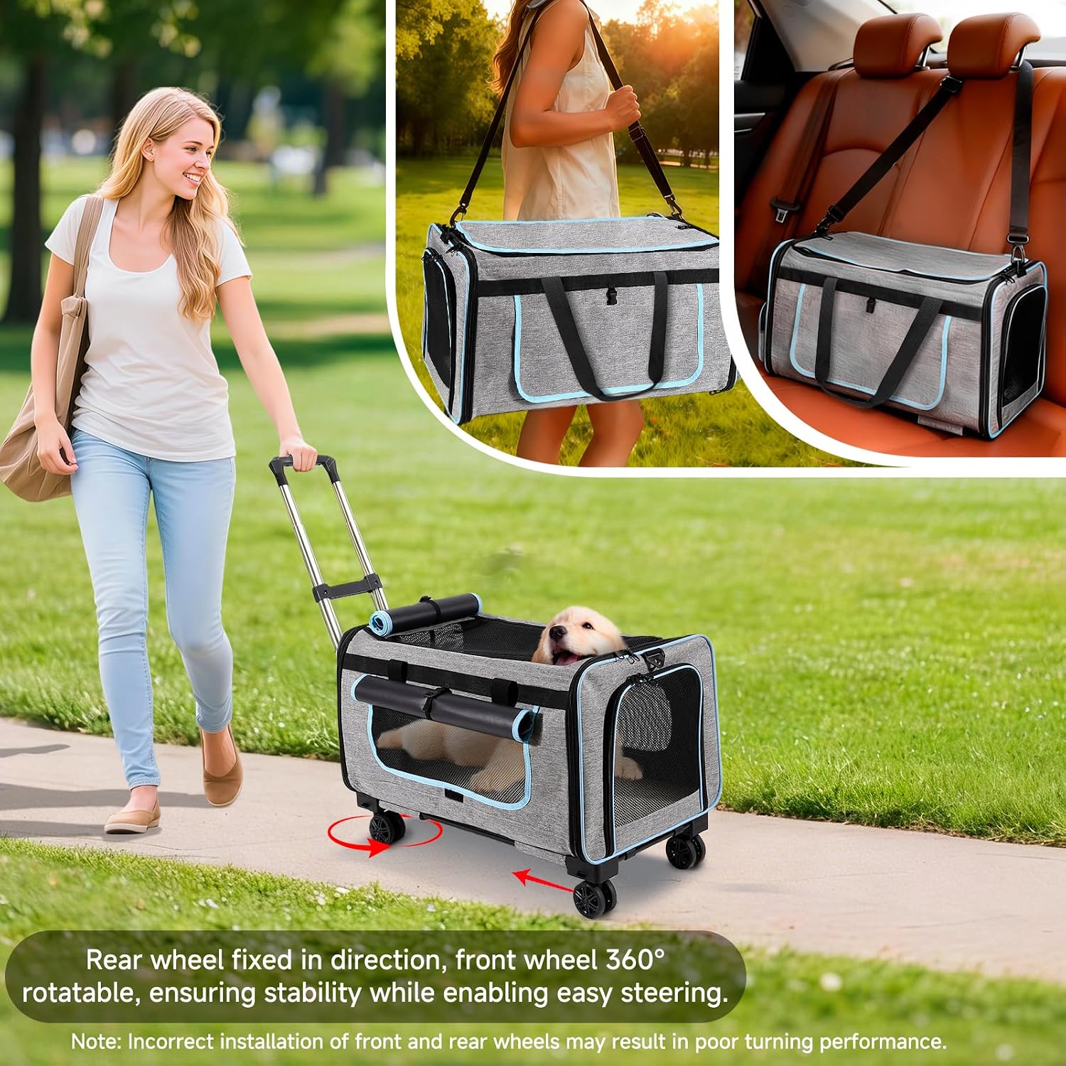 Large Pet Carrier with Detachable Wheels, 2 IN1 Foldable Soft-Sided Carriers- Designed for Dogs & Cats, Telescopic Handle, for Outdoor Car Indoor, Max. 44 LBS(Not for Airline)