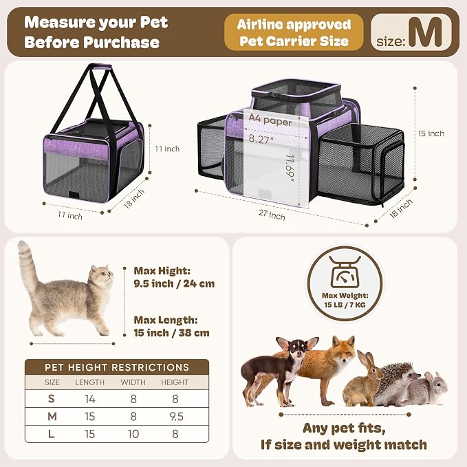 Top and 2 Sides Expandable Cat Carrier 17x11x11, TSA Airline Approved Dog Carriers for Medium Dogs, Soft-Sided Pet Carrier with Self-Locking Zippers for Kitten,Rabbit, Puppy, Guinea Pig Purple