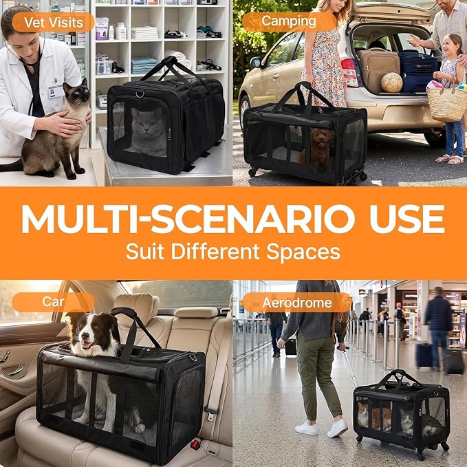 Double Cat Carrier with Wheels, Large Compartment Pet Carrier