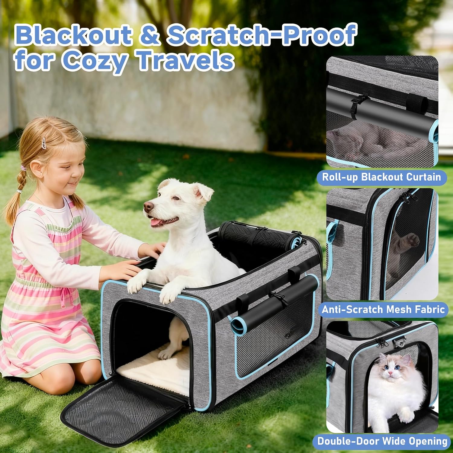 Large Pet Carrier with Detachable Wheels, 2 IN1 Foldable Soft-Sided Carriers- Designed for Dogs & Cats, Telescopic Handle, for Outdoor Car Indoor, Max. 44 LBS(Not for Airline)