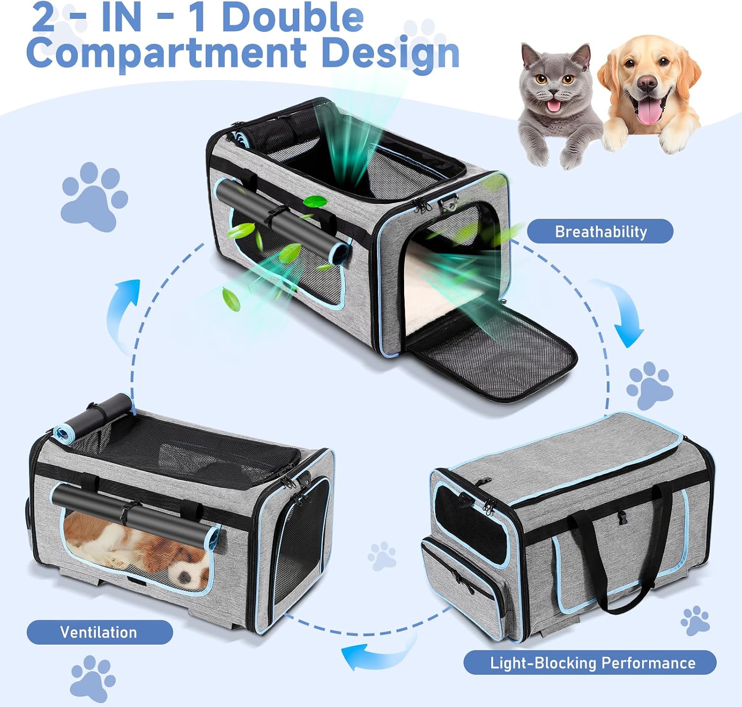 Large Pet Carrier with Detachable Wheels, 2 IN1 Foldable Soft-Sided Carriers- Designed for Dogs & Cats, Telescopic Handle, for Outdoor Car Indoor, Max. 44 LBS(Not for Airline)