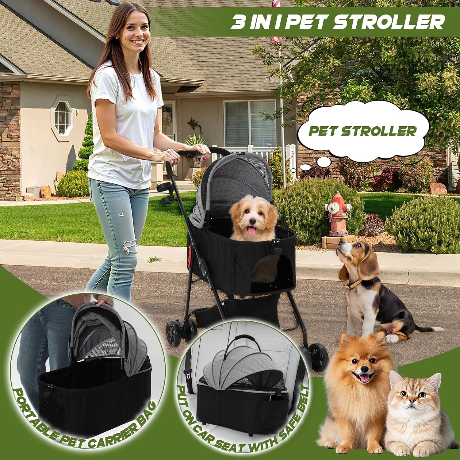 Foldable Pet Strollers with Detachable Carrier,Stroller for Medium Dogs