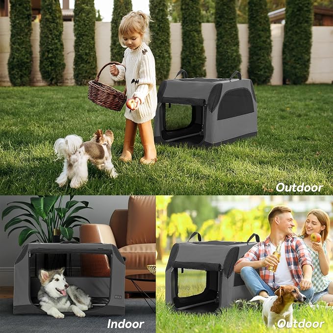 Petsfit Travel Dog Crate，Puppy crate， Easy On The Go, Easy to Stow, Adjustable Compatibility, Indoor and Outdoor Lightweight Collapsible Dog Crate for Car 61 cm L x 46 cm W x 43 cm H Grey