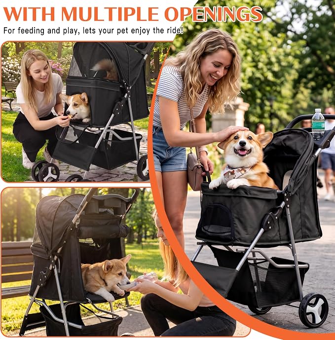 Pet Travel Stroller Dog Cat Pushchair Pram Jogger Buggy with 4 Wheels (Black)