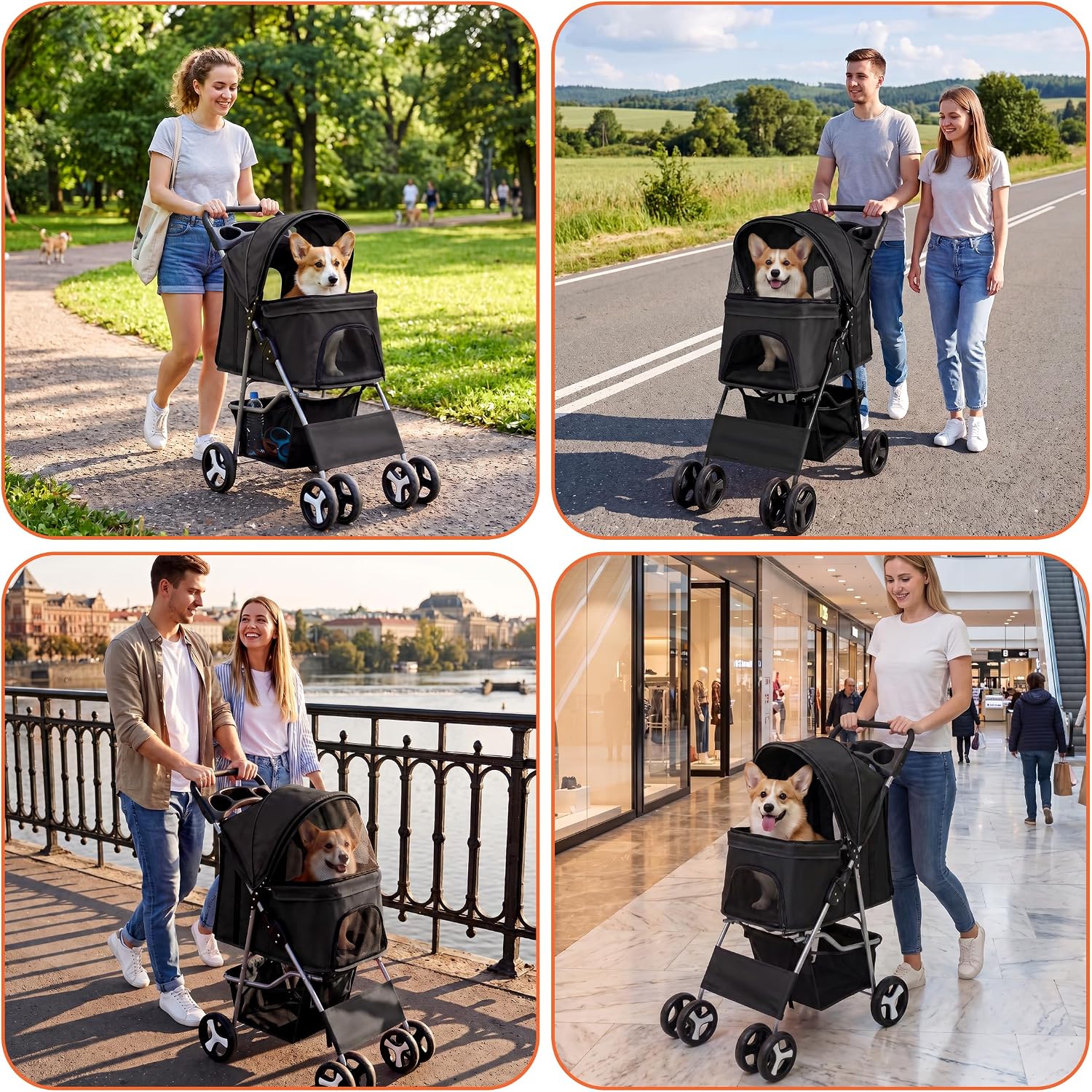 Pet Travel Stroller Dog Cat Pushchair Pram Jogger Buggy with 4 Wheels (Black)