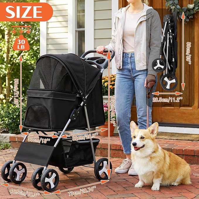 Pet Travel Stroller Dog Cat Pushchair Pram Jogger Buggy with 4 Wheels (Black)