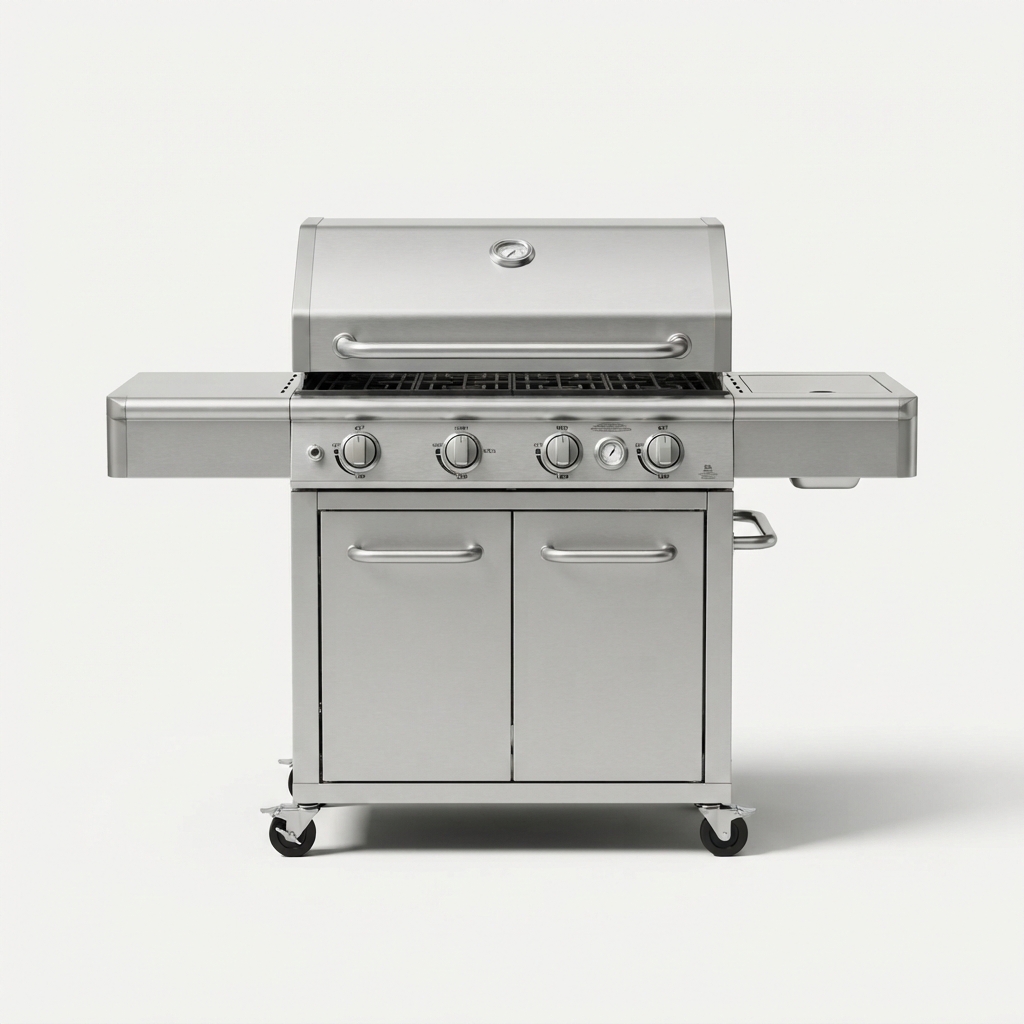 Four burner backyard gas grill with side shelves