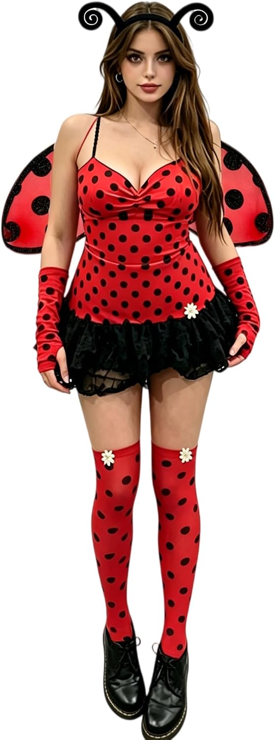 Women Ladybug Costume Halloween Bee Cosplay Dress with Wings
