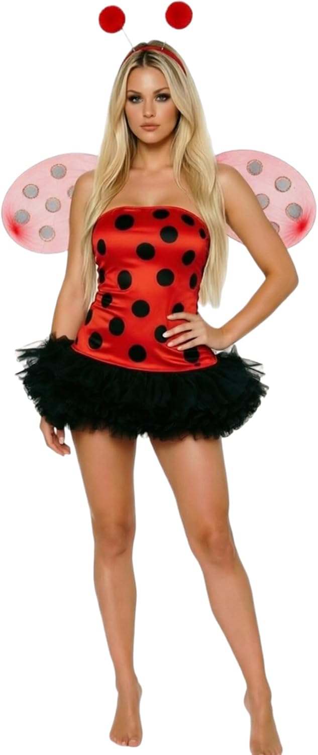 Women Ladybug Costume Halloween Bee Cosplay Dress with Wings
