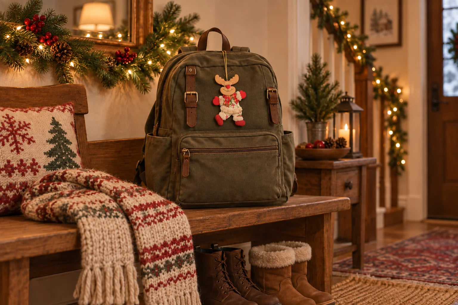 Christmas styling inspiration: a reindeer ornament hanging from an olive backpack in a cozy entryway